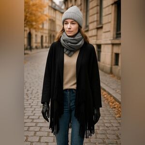 Minnie Rose Open Front Cashmere Fringe Cardigan in Black L